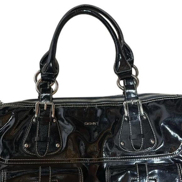 DNKY Black Patent Leather Y2K 80s Dark Academia Goth Handbag Purse Travel Bag - Picture 4 of 8